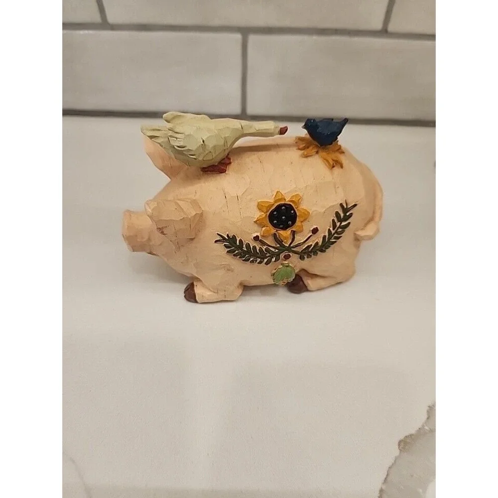 Resin Pig With Goose And Bird On Back And Sunflower Design On His Side Farmhouse